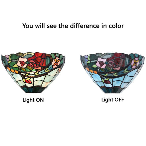 Rose Flower Tiffany Style Stained Glass Wall Sconce Lamp 12 Inch Wide Handmade Home Decor with warm glow, light on and off