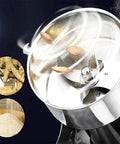 Close-up of Electric Grain Mill Grinder For Home Use, grinding seeds with transparent lid, heavy duty stainless steel 3 blade system