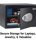 Home Safe With Shelf And Digital Keypad Large Safe For Laptop Documents Cash And Jewelry Bolt Down Ready Pre Drilled For Easy Mount Fits On Shelf For Home Or Office Security open showing contents