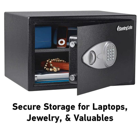 Home Safe With Shelf And Digital Keypad Large Safe For Laptop Documents Cash And Jewelry Bolt Down Ready Pre Drilled For Easy Mount Fits On Shelf For Home Or Office Security open showing contents