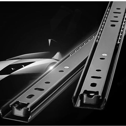 Heavy Duty Cold Rolled Steel Ball Bearing Cabinet Drawer Slides With Soft Close Feature For Kitchen Bedroom Bathroom Furniture And Woodworking Projects Smooth Operator Glide Tracks Two Pack close-up of slide rails on a black background