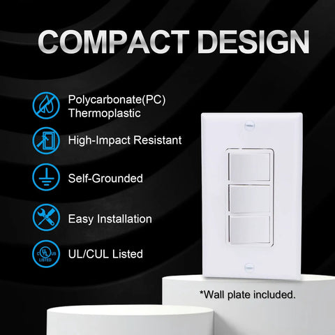 Space Saving Triple Rocker Light Switch With Wall Plate 15A 120V Three Independently Controlled Switches In One Compact White UL And CUL Certified