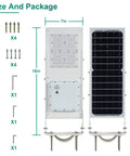 100W Solar Street Light With Motion Sensor, 6000K LED Flood Light, 10000 Lumens, IP65 Waterproof Outdoor Security Lighting size and package