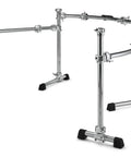 Curved Three Sided Drum Rack With Four Heavy Duty T Legs And Straight Up Secure Multi Clamp Mounts For Killer Pro Gig Rig Setup Ultimate Stability For Backstage And Home Studio Sessions, showcasing chrome finish and stability.