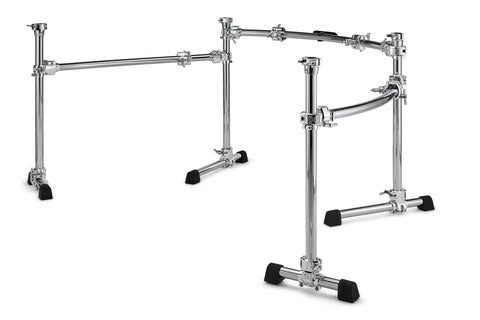 Curved Three Sided Drum Rack With Four Heavy Duty T Legs And Straight Up Secure Multi Clamp Mounts For Killer Pro Gig Rig Setup Ultimate Stability For Backstage And Home Studio Sessions, showcasing chrome finish and stability.