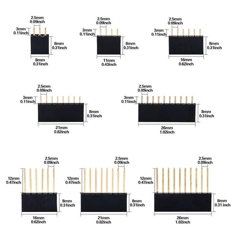 Image of All In One 112Pcs 2.54mm Pin Header Kit for Arduino Prototyping with various header sizes and measurements shown.
