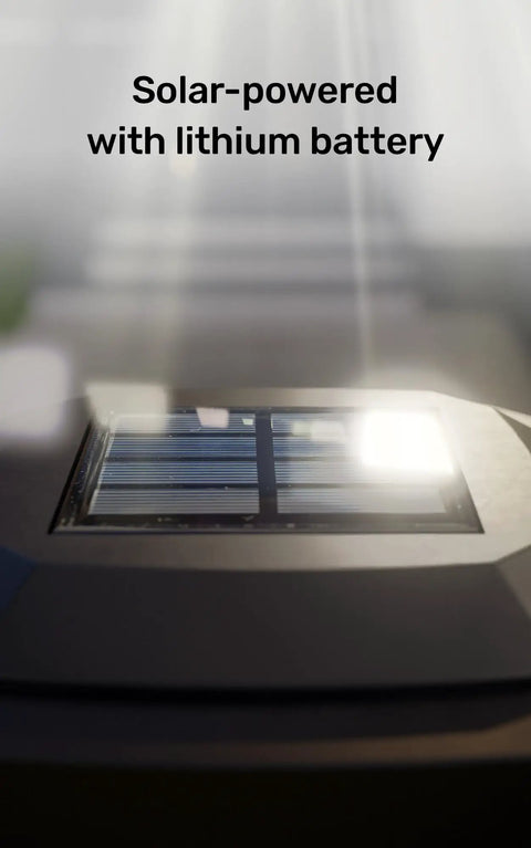 Close-up of solar panel on black solar post cap light with decorative glass, showing solar-powered lithium battery feature.