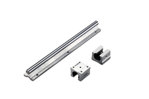 SBR20 350mm Linear Guide Rail With Two SBR20UU Preloaded Blocks for CNC Rigs and 3D Printers, shown with rail and blocks in view.