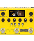 Front view of yellow Dual Track Stereo Looper Pedal For Electric Guitar With Dual Drum Machine with LCD and controls