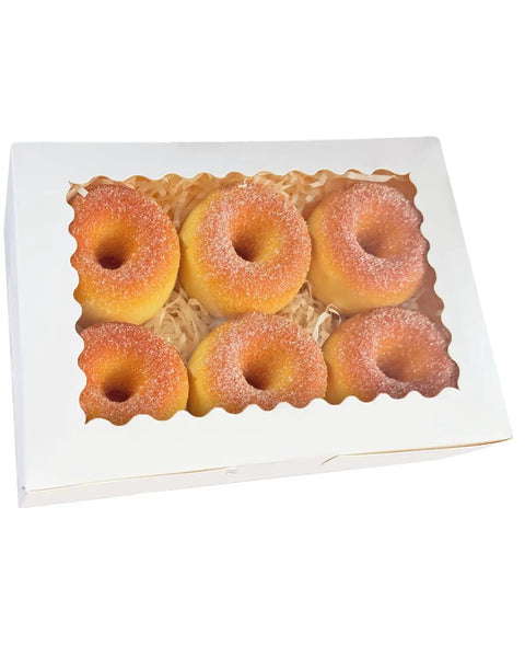 White Bakery Box With Window 9 By 6 By 2.5 Inches Holds 15 Pastries filled with donuts, clear window design