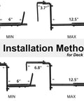Six Pack Deck Railing Adjustable Planter Box Brackets From 6 To Twelve Point Five Inches Universal Heavy Duty Iron Flower Box Wall Mounting Hooks For Fences Patio And Garden Black showing two installation methods and measurements