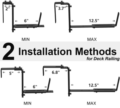 Six Pack Deck Railing Adjustable Planter Box Brackets From 6 To Twelve Point Five Inches Universal Heavy Duty Iron Flower Box Wall Mounting Hooks For Fences Patio And Garden Black showing two installation methods and measurements