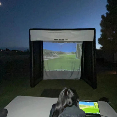 Inflatable Portable Golf Simulator Tent With Curtain For Indoor Practice Swing Projector Not Included setup in backyard at night