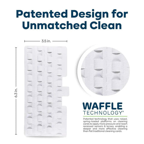 Waffletechnology Cleaning Cards For Money Counter Machine Presaturated With WonderSolvent Cleaning Formula 3 Inch By 6.25 Inch 15 Cards No Fuss Maintenance For Currency Counters Fast Clean And Accurate Readings showing patented design for unmatched clean with dimensions