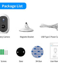 Package contents of 2K Outdoor Wireless Battery Powered Camera With 5200mAh Dual Batteries, showing camera, bracket, power cable.