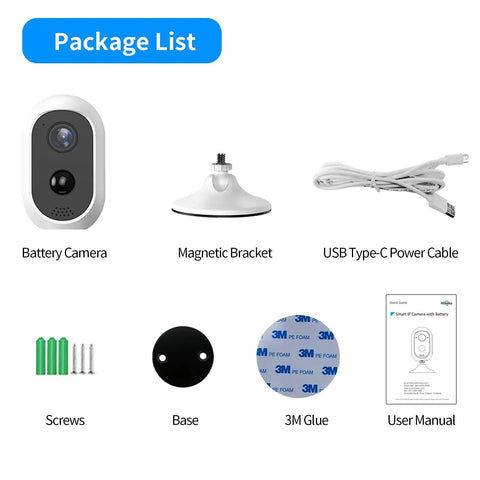 Package contents of 2K Outdoor Wireless Battery Powered Camera With 5200mAh Dual Batteries, showing camera, bracket, power cable.