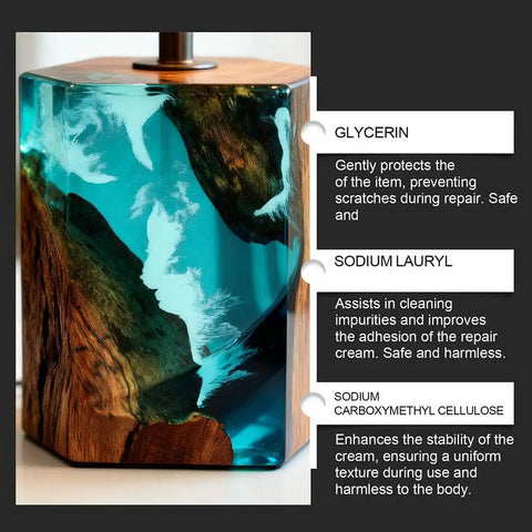 Decorative epoxy resin block showcasing glycerin, sodium lauryl, and carboxymethyl cellulose features with wooden elements