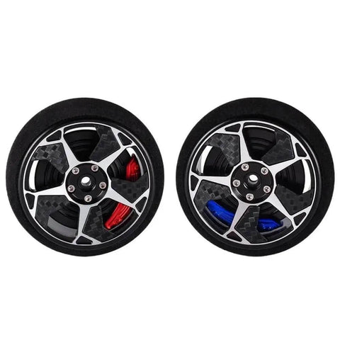 Upgrade Your Rc Game With This Dumborc Metal Steering Handwheel Transmitter Kit Featuring A Soft Brake Sponge Grip For Smoother Control Panel Refitting And Daily Remote Handle Mods On Multi Brand Controllers. black metal RC transmitter steering wheels, red and blue inserts
