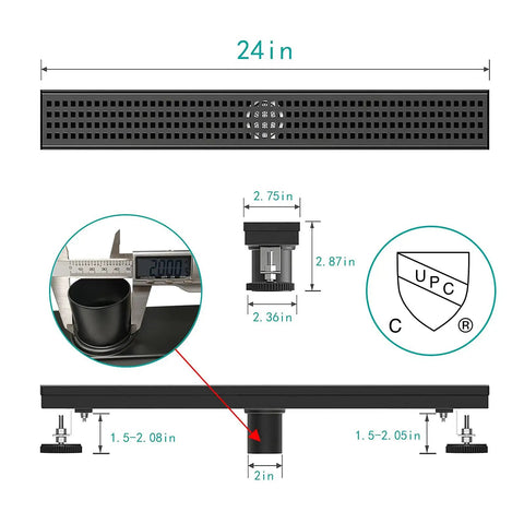24 Inch Linear Shower Drain With Deep V Waterway And Square Matte Black Grate 304 Stainless Steel Rectangular Floor Drain Diagram