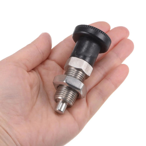 Top Tier Push Fit Ball Nose Spring Plunger Forged From Heavy Duty Stainless Steel With M16x1.5 Threads And A Snappy 1.02 Inch Stroke held in hand.