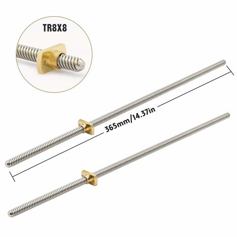 Close-up of Z Axis Upgrade Kit with 365mm T8 lead screw, brass nut, and stainless steel rod for Ender 3 V2 and Voxelab 3D printers.