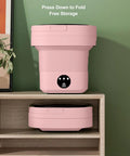 Slick 6.5 Liter Portable Mini Washing Machine With Spin Dryer, No Sweat Compact Foldable Top Loader in pink, stored on shelf.