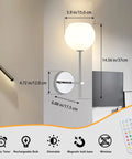 Chrome Battery Operated Wall Sconces Set of 2, Rechargeable Wireless Wall Lights with Milky White Frosted Glass, dimensions shown.