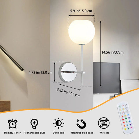 Chrome Battery Operated Wall Sconces Set of 2, Rechargeable Wireless Wall Lights with Milky White Frosted Glass, dimensions shown.