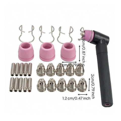 Pro Grade 26 Piece Thermal Torch Cutter Consumables Kit With Nozzles And Tip Cups Ceramic Copper Parts For SG55 SG5 A60 Durable Replacement Set For Metal Cutting DIY Garage And Workshop Maintenance, pink ceramic cups and copper nozzles