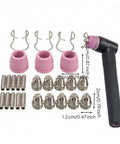 Heavy Duty Cutting Torch Nozzle Kit 26 Piece Consumables Set For SG55 And A60 With Copper Ceramic Nozzle Cups And Stable Metal Nozzles, shown with torch parts and sizes