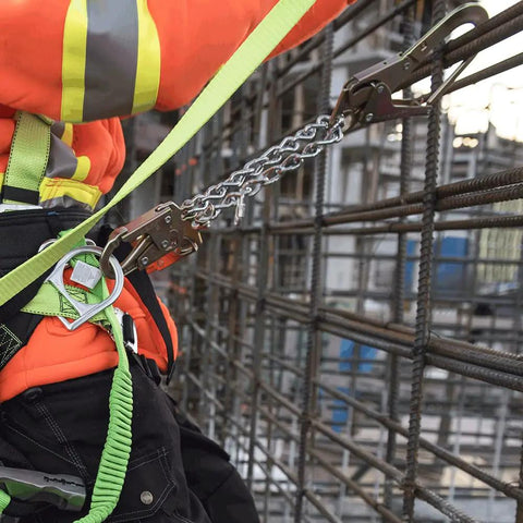 Stainless Steel Rebar Chain Assembly With Two Snap Hooks And Form Anchor, 2 Ft Length in use on construction site