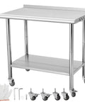 Go-To 36X24 Inch NSF Stainless Steel Work Table On Wheels With Hooks And A 3 Stage Adjustable Shelf Heavy Duty Prep Station