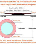 Diagram showing size recommendation for "Tempered Glass Serving Turntable Lazy Susan Round Rotating Tray Beefy Heavy Duty Black Display For Home Or Hotel Dining Tables 10mm Thick Fits Tables From 70 To 110 Centimeters" relative to dining table.
