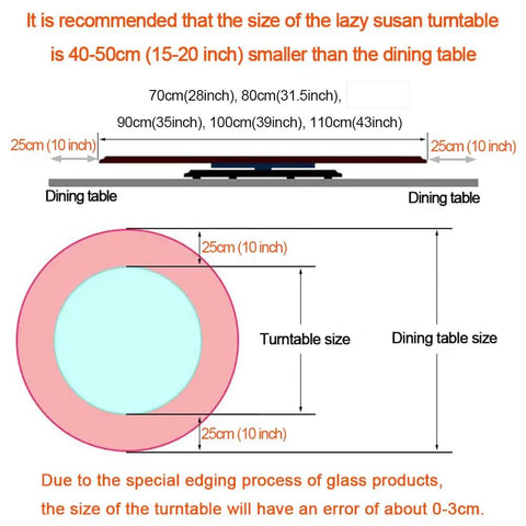 Diagram showing size recommendation for "Tempered Glass Serving Turntable Lazy Susan Round Rotating Tray Beefy Heavy Duty Black Display For Home Or Hotel Dining Tables 10mm Thick Fits Tables From 70 To 110 Centimeters" relative to dining table.