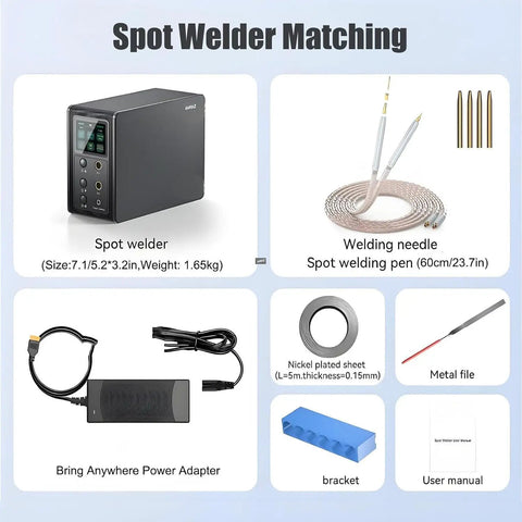 Pro Battery Spot Welder With 14.6KW Capacitor Spot Welding Machine components including welder, pen, adapter, and accessories