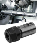 Heavy Duty ER Collet Chuck Motor Shaft Extension Rod With Balanced Steel Construction For Stable Deep Hole CNC Milling And Precise Tool Holder Fitment On Versatile Workpieces Using E Series Collets in use with CNC machine.
