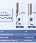 Size 12 stamped contacts for 32 Piece 2 Pin Waterproof Automotive Connector Kit With Four Sets Including Plugs And Receptacles.