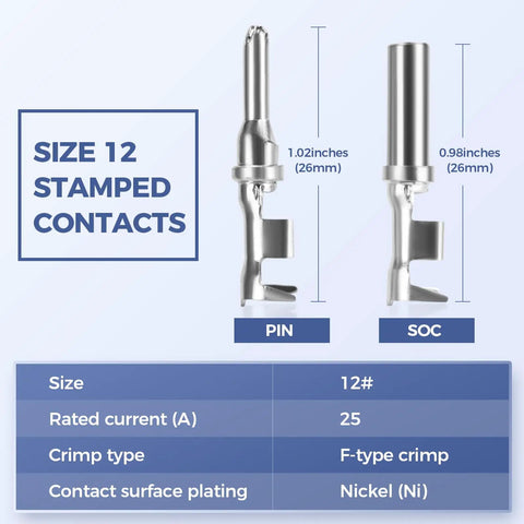 Size 12 stamped contacts for 32 Piece 2 Pin Waterproof Automotive Connector Kit With Four Sets Including Plugs And Receptacles.