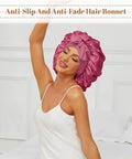 Silk Sleep Bonnet For Women With Adjustable Straps And Tie Band, large satin wrap, dark pink, anti-slip, anti-fade