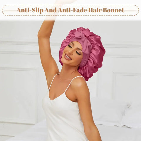 Silk Sleep Bonnet For Women With Adjustable Straps And Tie Band, large satin wrap, dark pink, anti-slip, anti-fade