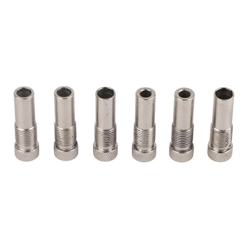 Set of six aluminum alloy guide bushings for self centering doweling jig shown in various sizes for woodworking joints.