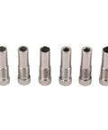 Set of six guide bushings for Self Centering Doweling Jig With Aluminum Alloy Body And 6mm 8mm 10mm sizes on a white background.