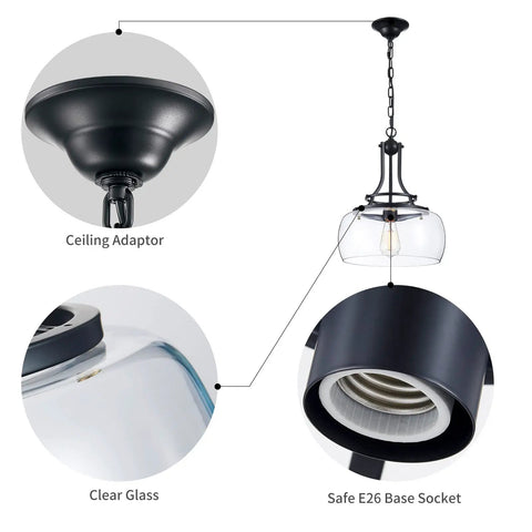 Rustic Farmhouse Round Pendant Light With Clear Glass Shades For Dining Room And Kitchen Island, detailed components view