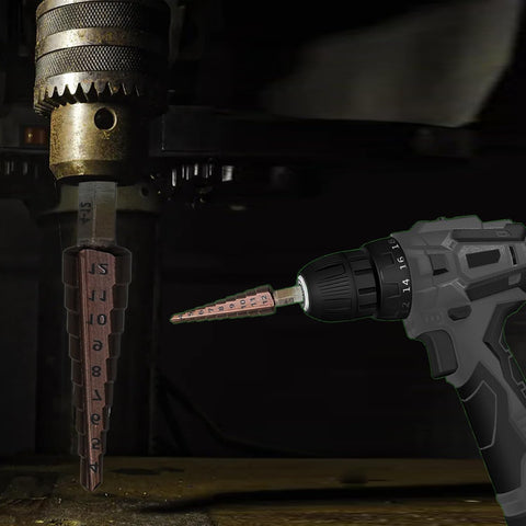 Close-up of a Cobalt Step Drill Bit Set With 1/4 Inch Hex Shank drilling into metal with an electric drill