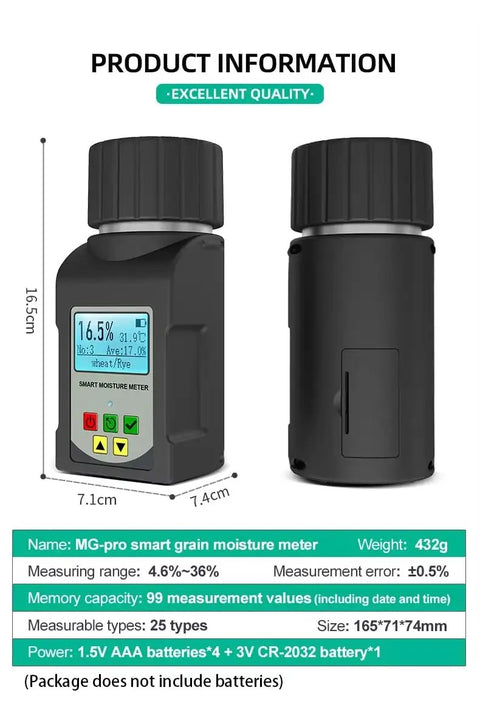 Product Information MG-pro Grain Moisture Tester Portable Cup Type Meter For 25 Grains Including Wheat Corn Coffee High Precision 0.5 Percent With Temperature Compensation Data Storage For Farmers Food Processors And Traders, 16.5cm