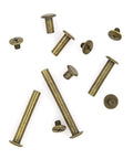 Heavy Duty Bronze Chicago Screws And Binding Posts For Scrapbook Albums Leather Crafting Assorted M5 Lengths Knockout Hardware Kit laid out on white background.