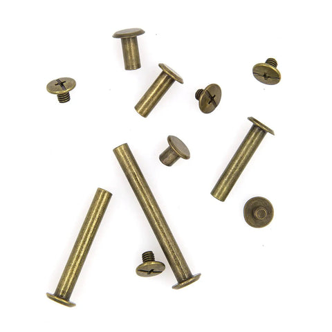 Heavy Duty Bronze Chicago Screws And Binding Posts For Scrapbook Albums Leather Crafting Assorted M5 Lengths Knockout Hardware Kit laid out on white background.