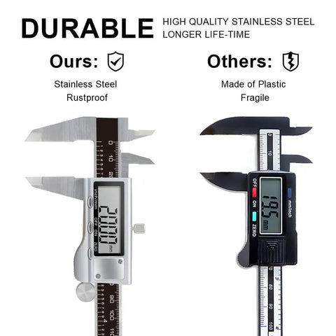 Digital Caliper 6 Inch Stainless Steel Measuring Tool With Large LCD Screen Electronic Vernier Calipers Inch Metric Conversion For Precise Readings Smooth Sliding Ergonomic Thumb Roller Built For DIYers, Machinists, And Workshop Pros displayed alongside a plastic alternative.