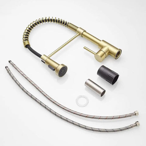 Gold 304 Stainless Steel Kitchen Faucet With Pull Down Sprayer Industrial Single Handle One Hole Mount Built To Last For Farmhouse RV Camper Laundry And Wet Bar Sinks With Brushed Gold Finish 9009K