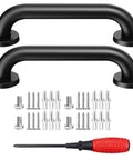 Hella Secure 12 Inch Stair Handrail And Wall Mounted Safety Grab Bar For Indoor Outdoor Steps providing a tight non slip matte black grip with screws and screwdriver.